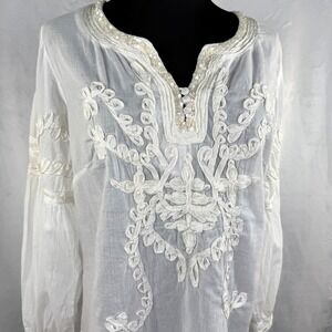 White Poet Boho Art Girl Embroidered Tunic Top 90s Indie Romantic Small